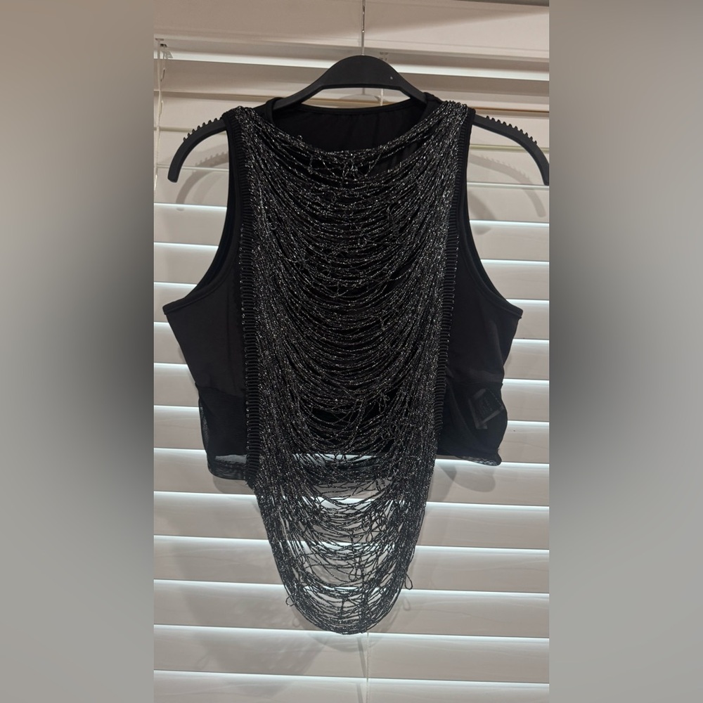 SHEIN Black Embellished Tiered Halter Crop Top